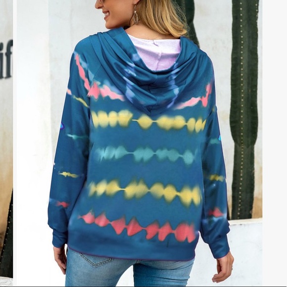 Blue Multicoloured Tie-Dye Stripe Hoodie, L - Picture 2 of 3